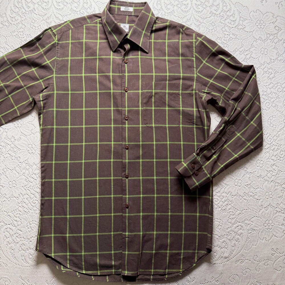 Peter Millar Shirt Mens Medium Brown Green Check Long Sleeve Button Up Cotton